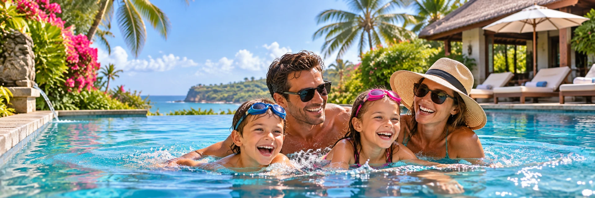Family of four enjoying a bright tropical resort pool on a Bali holiday