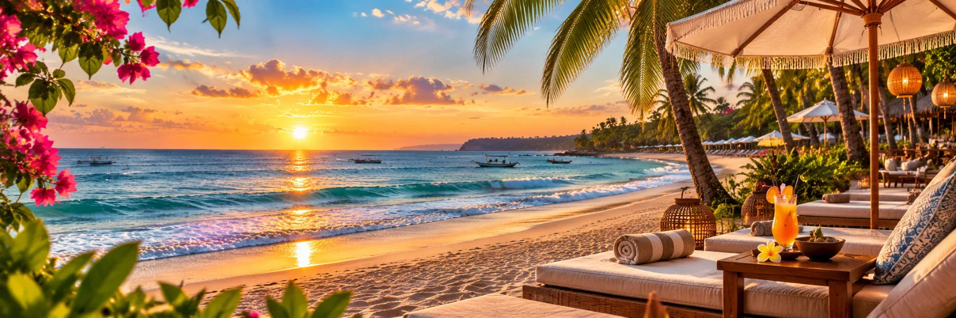 Tropical Bali beach with turquoise water, sunset, palms and resort daybeds